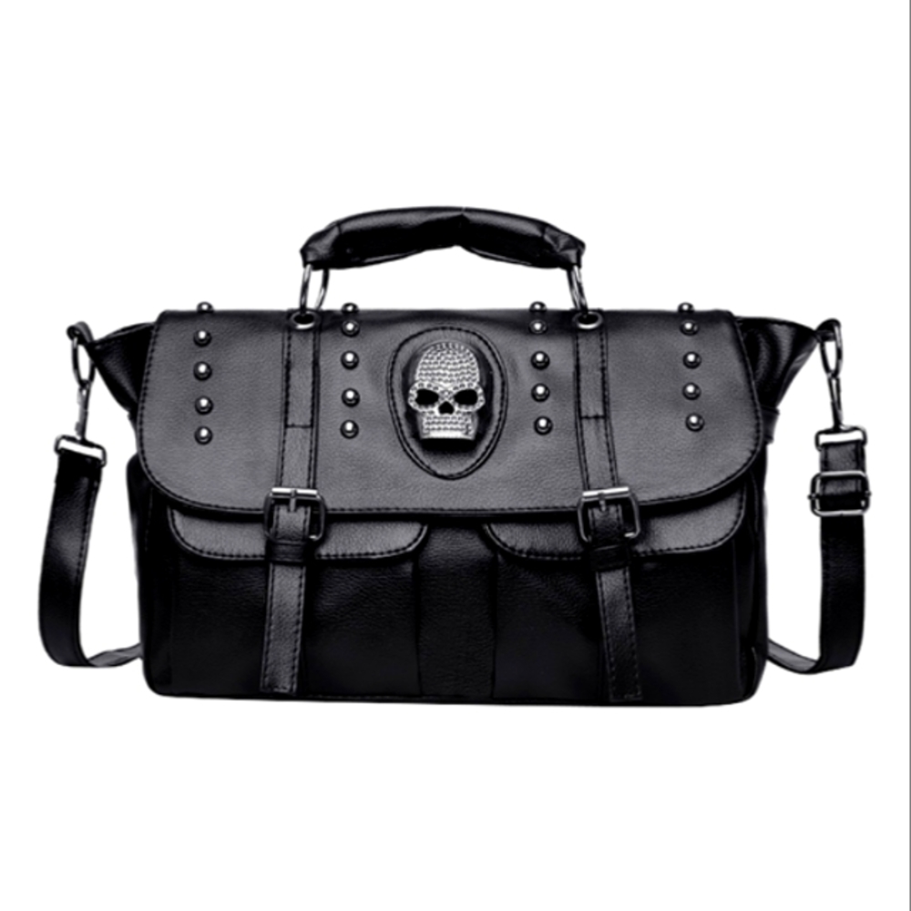 Ella and Elly Black Skull Double Buckle Crossbody Tote Bag